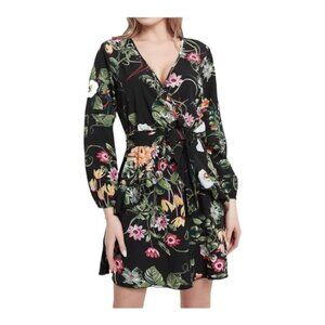 Wrap Dress XXL Black Floral Long Sleeve Tropical V-Neck Knee Length